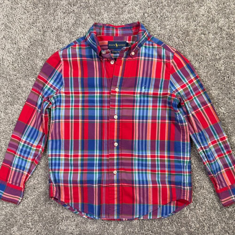 Ralph Lauren Red Plaid Button Down Long Sleeve Polo Shirt Youth Size 6 Cotton